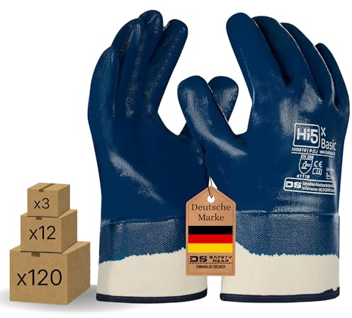 Hi5 X-Basic Nitrilhandschuhe – Wasserdichte ölbeständig Abriebfest Schutzhandschuhe – Größen (S,M,L,XL,XXL) – Nitril-Arbeitshandschuhe 100% Baumwoll-Jersey (L, 144.0, stück)