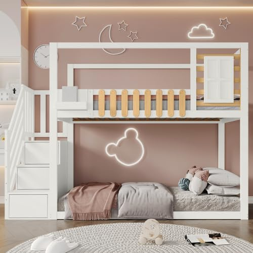 Merax Etagenbett mit Treppe und Regalkasten, Kinderbett aus massivem Kiefernholz, modernes Hochbett für Kinderzimmer, 90x200 cm, Weiß, inkl. Fenster und Fallschutz