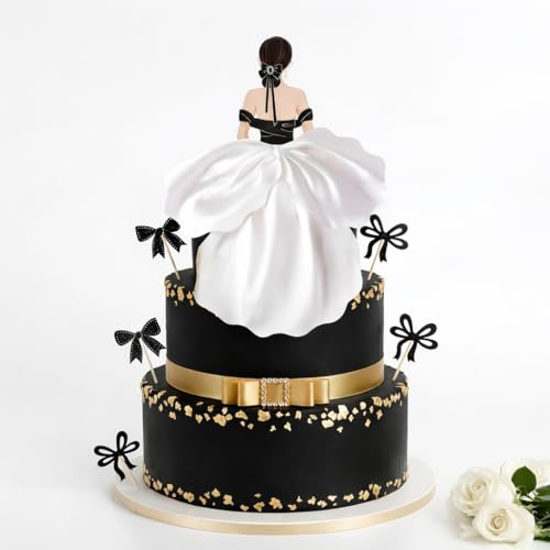 13-tlg. Tortendeko Frau Silhouette & Schleifen Set - Elegant Lady Kuchendeko Schwarz-Weiß für Muttertag, Frauen Geburtstag, JGA, Hochzeit - 1 große Silhouette + 12 kleine Schleifen(Schwarz)