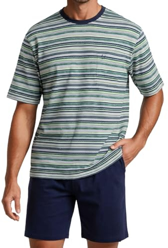 Hajo Premium Cotton Herren Schlafanzug Set – Gestreiftes Kurzarm T-Shirt & kurze Hose mit elastischem Gummizug – 100% Baumwolle, Bequem & Atmungsaktiv – Perfekt für ruhige Nächte und entspannte Abende