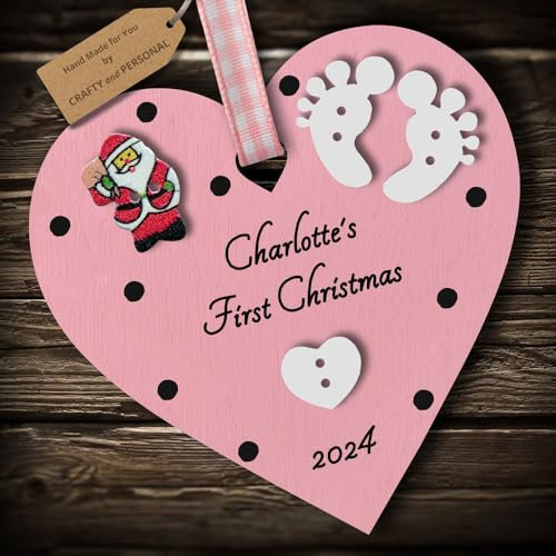 Multi-Colour Personalised Baby's First 1st Christmas Bauble tree decoration wooden heart hanging ornament keepsake gift for boy or girl (Pink #2)