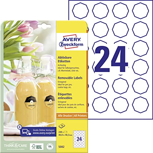 AVERY Zweckform Flaschenetiketten Art. 5082 (240 Aufkleber ablösbar, 40,8 x 40,3mm auf A4, achteckig, für Einmachgläser, Gebäcktüten, Geschenke und Selbstgemachtes aus der Küche) 10 Blatt weiß