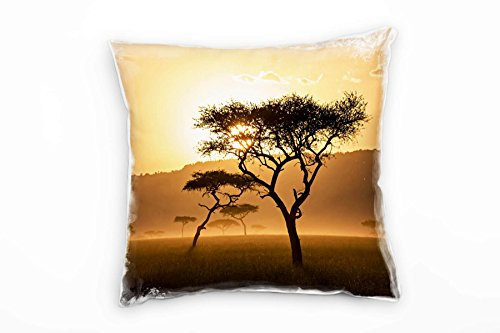 Paul Sinus Art Landschaft, orange, braun, Baum, Afrika, Sonne Deko Kissen 40x40cm für Couch Sofa Lounge Zierkissen - Dekoration zum Wohlfühlen