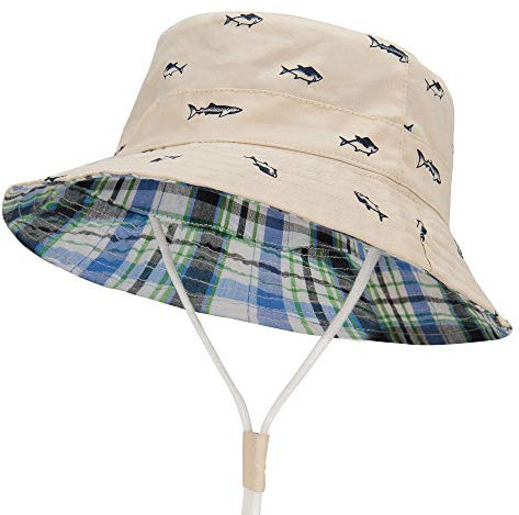 Durio Baby Sonnenhut Atmungsaktiv Sommerhut Kinder Fischerhut UV-Schutz Unisex Cap mit Verstellbarem Bindebändern Beige mit Fisch 2-4 Jahre