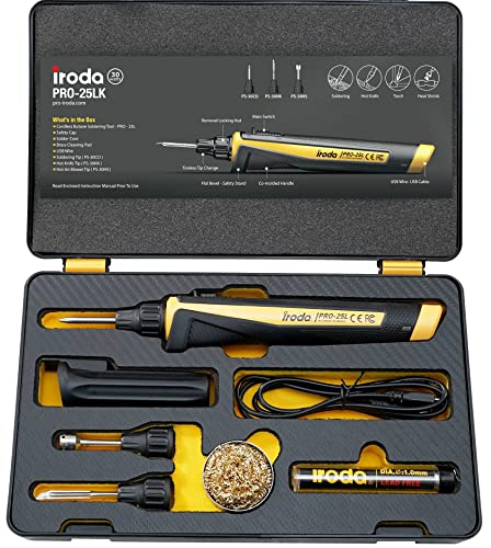 IRODA Solderpro 25LK - Saldatore a batteria con faretto a LED e riscaldamento rapido per professionisti kit saldatore senza fili, tipo C 30 W 3200 mAh, batteria giapponese