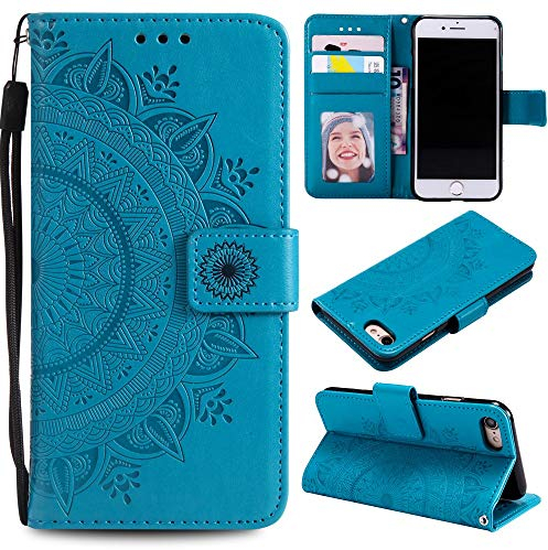 CoverKingz Handy Cover kompatibel mit iPhone 7/8/SE [2020/2022] - Handyschutz mit Kartenfach Klapphülle – Bookcase Hülle aufklappbar Motiv Mandala Blau