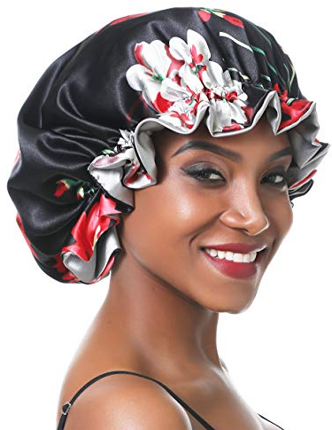 SENGTERM Seiden Schlafmütze Damen Frauen Nachtmütze Satin Verstellbare Doppelschichten Motorhaube seiden Haarpflege Kopfhaube Nacht Haube Mütze für lockiges Haar Lange Haare (XL, Black Flower)