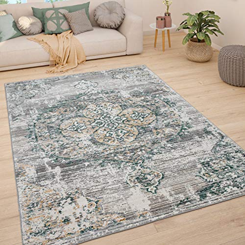 Paco Home Teppich Wohnzimmer Kurzflor Schlafzimmer Moderne Vintage Orient Ornament Muster Pastell Bordüre, Grösse:80x150 cm, Farbe:Grün