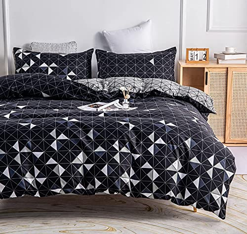 Luofanfei Bettwäsche Kariert 220x240 cm Dreiecke Bettbezug Set Schwarz Weiß Anthrazit Bettdeckenbezug Doppelbett King Size Geometrisch Karo Deckenbezug 3 Teilig Microfaser Moderne Wendebettwäsche