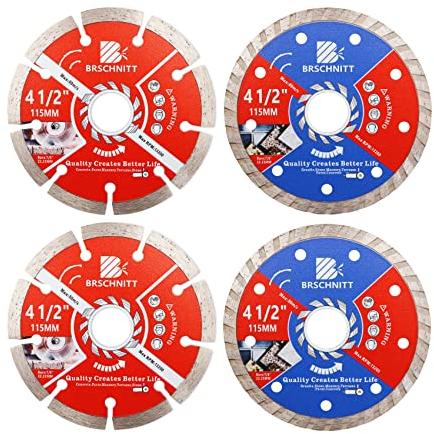 BRSCHNITT Disco de diamante, 4 piezas de 115 mm para granito, piedra, mampostería, terrazo, adoquín, hormigón, cortador de sierra circular seco/húmedo, amoladora angular, disco de corte de diamante