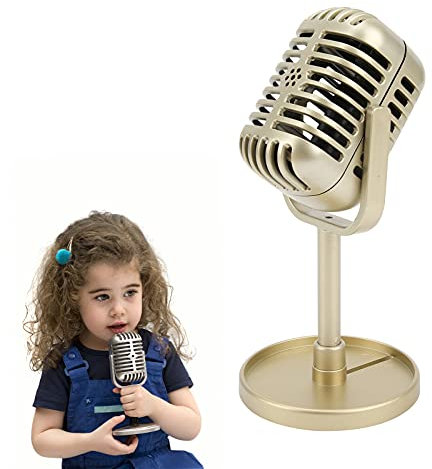 PUSOKEI Vintage Retro-Requisiten-Mikrofon, Simulierte Spielzeug-Mikrofon-Requisite mit Ständer, Klassische Mikrofon-Bühnen-Tischdekoration für Geschenke, Fotografie-Requisiten(Gold)