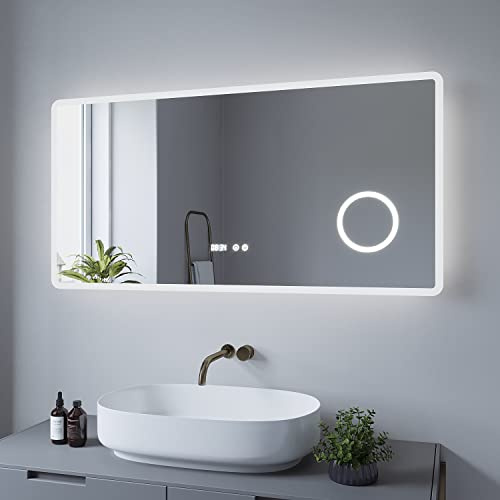 AQUABATOS Badspiegel mit Beleuchtung 120x60 cm badezimmerspiegel LED Wandspiegel, Touch-Schalter Dimmbar Kaltweiß 6400K Anti-beschlag Schminkspiegel 3-Fach Vergrößerung Digital Uhr | BORAS Typ D