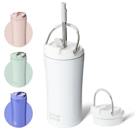 Bottle Bottle Insulated Travel Mug with Straw and Dual-use Lid Thermal Metal Coffee Cup 350ML(12oz) Stainless Steel Coffee Flask Tumbler with Handle Kids Water Bottles(White)