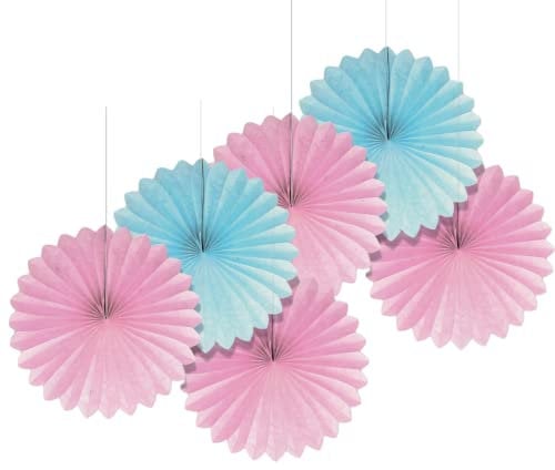6 x Pretty Pastel Pink and Blue Mini 15cm Tissue Paper Fan Decorations Princess, Birthday, Baby Shower, Baptism, Wedding, Party Decoration (2 Pack of 3 Fans)