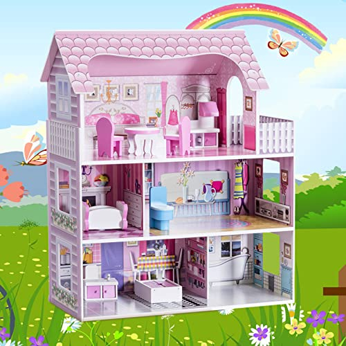 RELAX4LIFE Casa delle Bambole in Legno, 3 Piani, 5 Stanze, Mobili Rimovibili, Design Multicolore, Giocattolo Educativo per Bambini, 61 x 26,5 x 71 cm