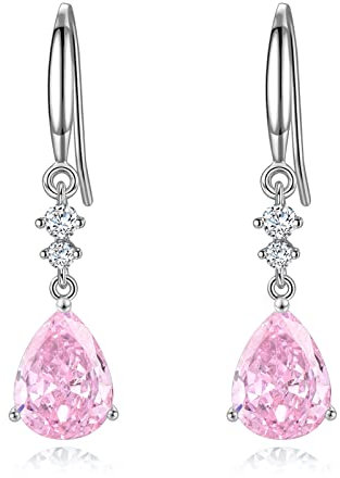 Sterling Silver Dangle Earrings for Women, Hypoallergenic Pink Cubic Zirconia Teardrop Dangle Drop CZ Earring Jewellery Gifts for Girls, Silver, Pink CZ