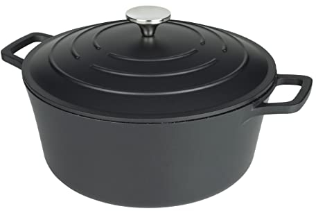 Commichef XR-728BK 28cm Cast Aluminium Round Casserole Dish, Suitable for Oven and All Types of Hob, Perfect for Stews and Casseroles, Black