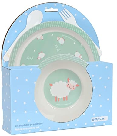 SAFTA Preescolar Ovejita - Set de Platos y Cubiertos, Pack, Plato, Cubierto, Bebé, Iniciación, Comida, Cómodo y Versátil, Ideal para Niños y Jóvenes, 22.5x5.5x26 cm, Color Verde