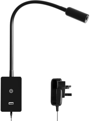 ENUOTEK LED Wall Mounted Reading Lamp for Bedroom, Touch Dimmable Black Bedside Spot Light with Flexible Gooseneck, 4 Brightness Levels, Neutral White Lighting, 5V2A USB Output Port