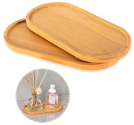 2 Stück Bambus Tablett Holz Servierplatte Holztablett Deko länglich Deko-Teller Serviertablett Holz Ovale Holztabletts Blume Pflanze Sukkulenten Tablett Kleine Rundes für Untersetzer Tee (Oval)