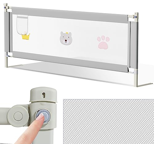 Ikodm Bettgitter 180cm, 70-98 cm Höhenverstellbar, Babybettgitter für Kleinkinder, Rausfallschutz Bett für Kinder Mit Muster, Bed Rail stabile Bauweise, Kinderbettgitter mit luftiges Netz, Grau