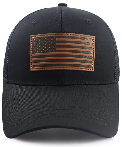 GzacDeope American Flag Trucker Hat for Men Women, Funny Adjustable Cotton USA Flag Leather Patch Patriotic Mesh Baseball Cap, Black, One size