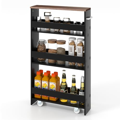 KOMFOTTEU Chariot de Rangement Coulissant à 4 Étagès, Petite Desserte de Cuisine avec 4 Roues universelles, Chariot Organisateur avec Poignée, Gain de Place (47,5 x 13 x 80,7 cm, Noir + Marron)