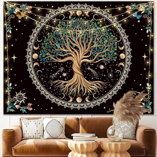 Wandteppich mit Mondphasen, Baum des Lebens, Natur, Blume, Pflanze, Schmetterling, Boho, Mandala, spiritueller Wandteppich, ästhetischer Wandbehang für Heimdekoration, Schlafzimmer, Wohnzimmer