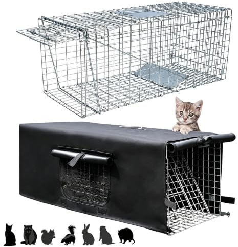 Live Animal Cat Trap Cage with Cover, Cat Traps for Stray Cats, Raccoon, Rabbit, Skunks, Feral Cats, Squirrels, Mouse, with Real Door Folding (32 x10 x12 Inches)