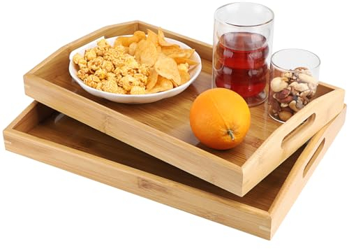 DBREAKS Bambus Serviertablett mit Griffen, Holztablett Rechteckig 2 teilig, Groß Holz Tablett, Küchentablett, Decorative Wooden Tray, Servierplatte für Frühstück, Tee, Couchtisch, Küchen Deko Bett