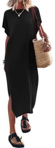 Yousify Women's Summer Maxi Dress T-Shirt Cap Sleeve Crewneck Casual Loose Slit Side Long Beach Vacation Dresses, 01-black, S