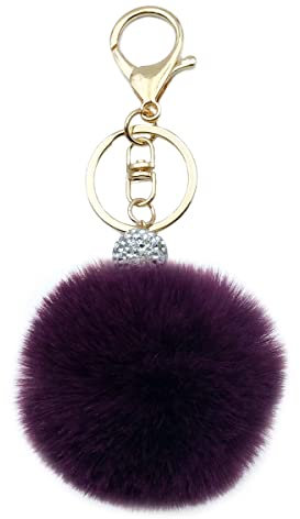 Xsclpomddy Pom Pom Schlüsselbund künstliche weiche Kaninchenhaar Taschenanhänger Ball Silber. Wasserkristall.Schlüsselanhänger für Handtasche Auto Anhänger Dekoration,dark purple
