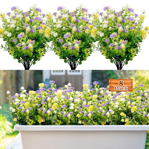 8 Bundles Outdoor Artificial Fake Flowers, Faux Plastic Bouquet Shrubs Plants for Indoors Outdoor Hanging Basket Garden Window Box Wedding Party Decoration (Purple White Yellow)