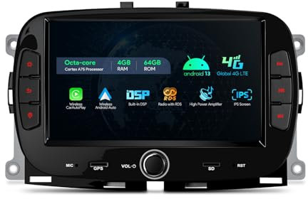 XTRONS 7‘’ Android 13 Car Stereo for Fiat 500 2016-2020, Octa-Core 4GB 64GB HD IPS Screen Head Unit Built-in 4G LTE Car Play Android Auto DSP WIFI GPS Bluetooth, Optional DAB AHD Camera