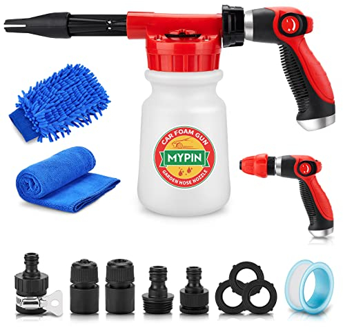 MYPIN 16 in 1 Car Foam Sprayer, Adjustable Hose Cannon with 2.5 to 6 Bars Blaster, Nozzles, Wash Mitten & Towel, 1/2 Quick Connector Cleaning Kit for Car Garden
