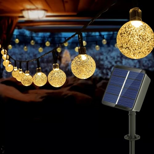 Auting Guirnalda de luces solares para exteriores, 11 m, 60 LED, 8 modos, color blanco cálido para jardín, árboles, patio, balcón, boda, fiesta o ventana