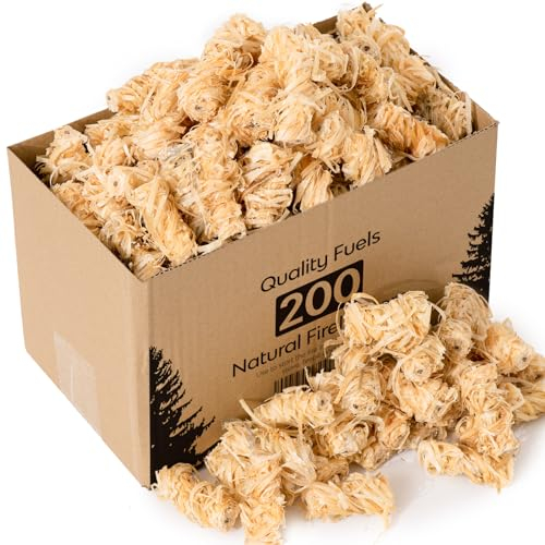 200 Natural Firelighters for Wood Burners, Fire Lighters Wood Wool Odourless Wax Coated for Stove Barbecue BBQ Oven and Fire Pit, 2.4kg Value Pack