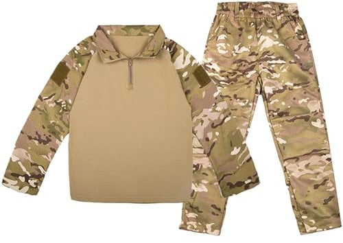 QIYUANT Bambini Set di Maglietta e Pantaloni Tattica Airsoft Militare Camuffare Primavera Estate Autunno Manica Lunga Combattere Caccia Escursionismo (CP/Maglietta + Pantaloni, 160)
