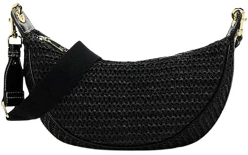 HSHTTKL Halbmond-Strohhandtasche, Trend-Strandtasche, Tragetasche, Handy-Geldbörsen, kleine Schulter-Crossbody-Tasche mit breitem Riemen