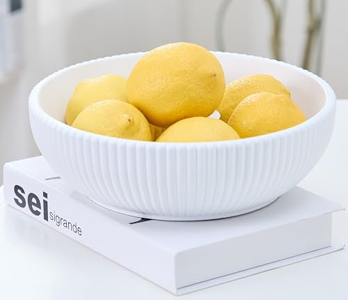 Modern Concrete White Large Decorative Bowl - Aesthetic Fluted Fruit Bowl for Kitchen Counter - Key Bowl for Entryway Table Decor - Organic Decorative Bowls for Home Decor - Modern Moss Potpourri Bowl