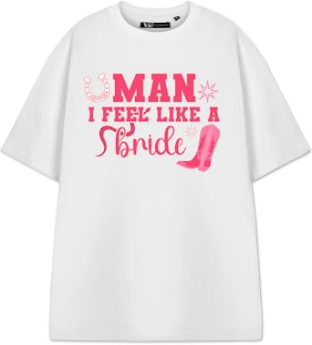 Show Me The Merch Women's White T-Shirt | Man I Feel Like A Bride Graphic Tee | Short-Sleeved Bridal Humor Top | Funny Wedding Apparel | Novelty Bride-to-Be Gift | Ladies Wedding Shower Shirt