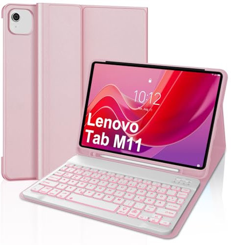 Funda Con Teclado Para Lenovo Tab M11 11 Pulgadas, Inalámbrico Bluetooth Magnéticamente Desmontable Funda Teclado Para Lenovo Idea Tab 11 2024, 7 Colores Retroiluminados, Qwerty Español Ñ, Rosa