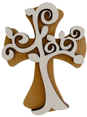Kaltner Präsente Geschenkidee - 18 cm Wandkreuz Echtes Holz Kreuz Kruzifix mit Lebensbaum für die Wand modern gefertigt im Grödner Tal Südtirol