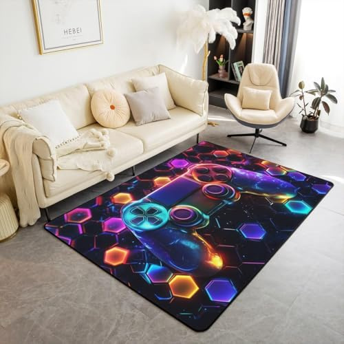 PEIHUODAN Tapis de Sol Gaming Chambre Ado - Design Néon Console de Jeu en Flanelle Doux, Antidérapant - Déco Gamer pour Chambre Enfant, Salon & Teen (Navy,160x200cm)
