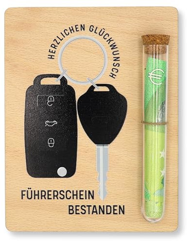 ZUKLA Verpackung für Geldgeschenke Führerschein Geschenk - 13 x 10 cm - mit Reagenzglas - Geldgeschenk Verpackung Holz - Führerschein Gutschein