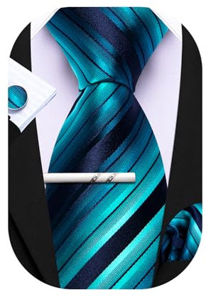 Barry.Wang Herren Seiden-Geschäftskrawatten mit Taschentuch Manschettenknopf-Streifen Plaid-Krawatten-Set Feierliche Hochzeit