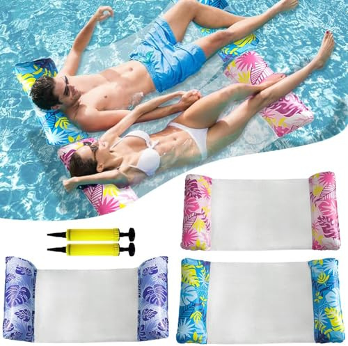 Aufblasbare Schwimmbad-Hängematte, 5-teiliges Set, inklusive 3 Wasserhängematten und 2 zufällig gefärbten Luftpumpen, faltbar, Freizeit mit Netzschwimmer