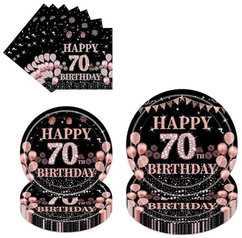 70th Birthday Table Decorations Tableware - 96 Pcs Black Rose Gold Tableware Set Paper Plates Napkins For Women Her Happy 70th Birthday Party Table Decoration Serve 24 Guests