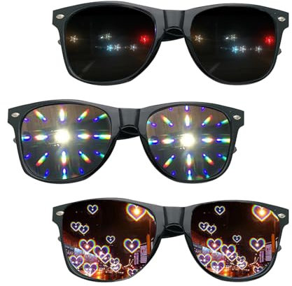 HUATEEN Diffractions Party Brille,3 Stück 3D-Prisma,Herz-Stern-Feuerwerk-Effekt,Rave-Brille,Kaleidoskop-Brille,Party-Brille für Damen und Herren,für Partys,Clubs und Konzerte