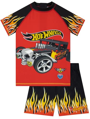 Hot Wheels Boys Swimming Costume, Short Sleeve Boys Swim Set, Car Kids Rash Vest and Swim Shorts, Red 6-7 Years